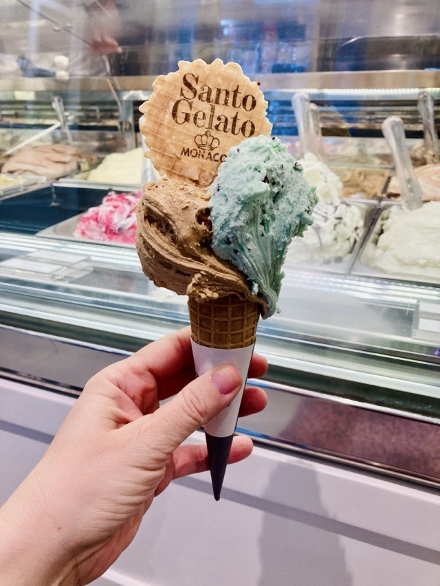 Gelato cone from Santo Gelato in Monaco, one of our favourite foods to try in Europe