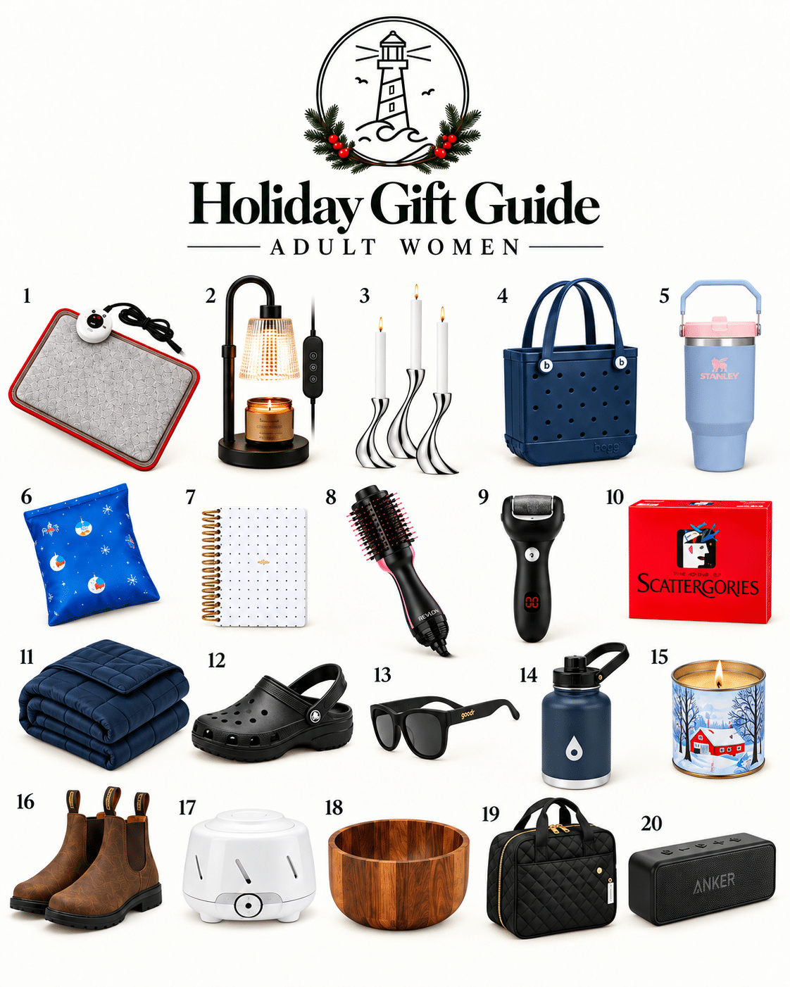 Holiday gift guide for women featuring 20 practical and thoughtful gift ideas, including boots, candles, planners, and cozy essentials.