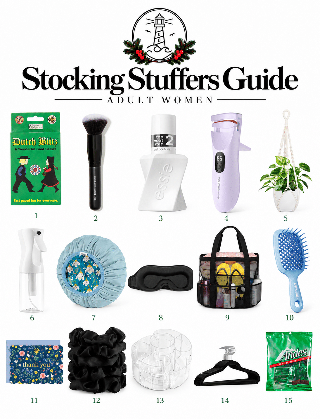15 stocking stuffer ideas for women, including beauty products, hair accessories, games, and practical gifts.